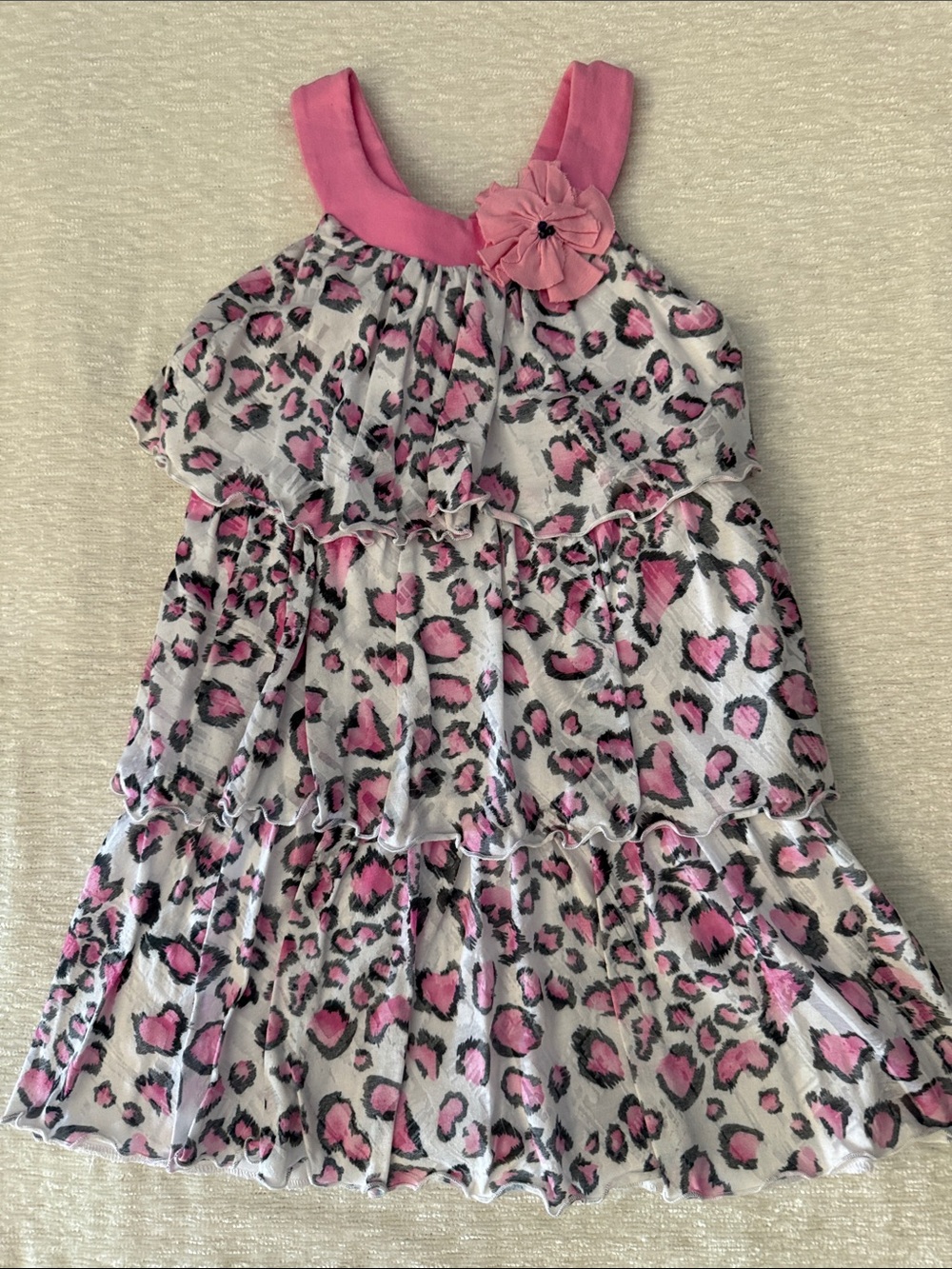 Girls Pink Leopard Tiered Sundress with Flower Accent